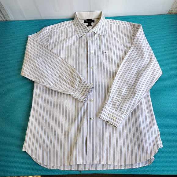 Tommy Hilfiger 80's Two Ply Cotton Men's Tan/White Striped Shirt XL - Picture 3 of 8